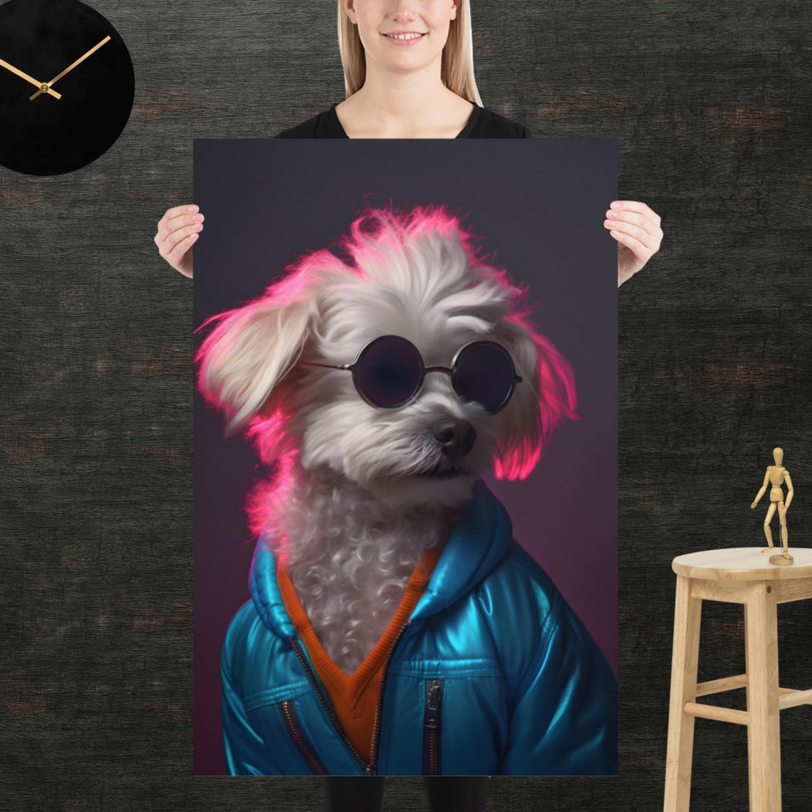 Fluffy White Dog Wearing Round Sunglasses Neon 80s Animal Poster