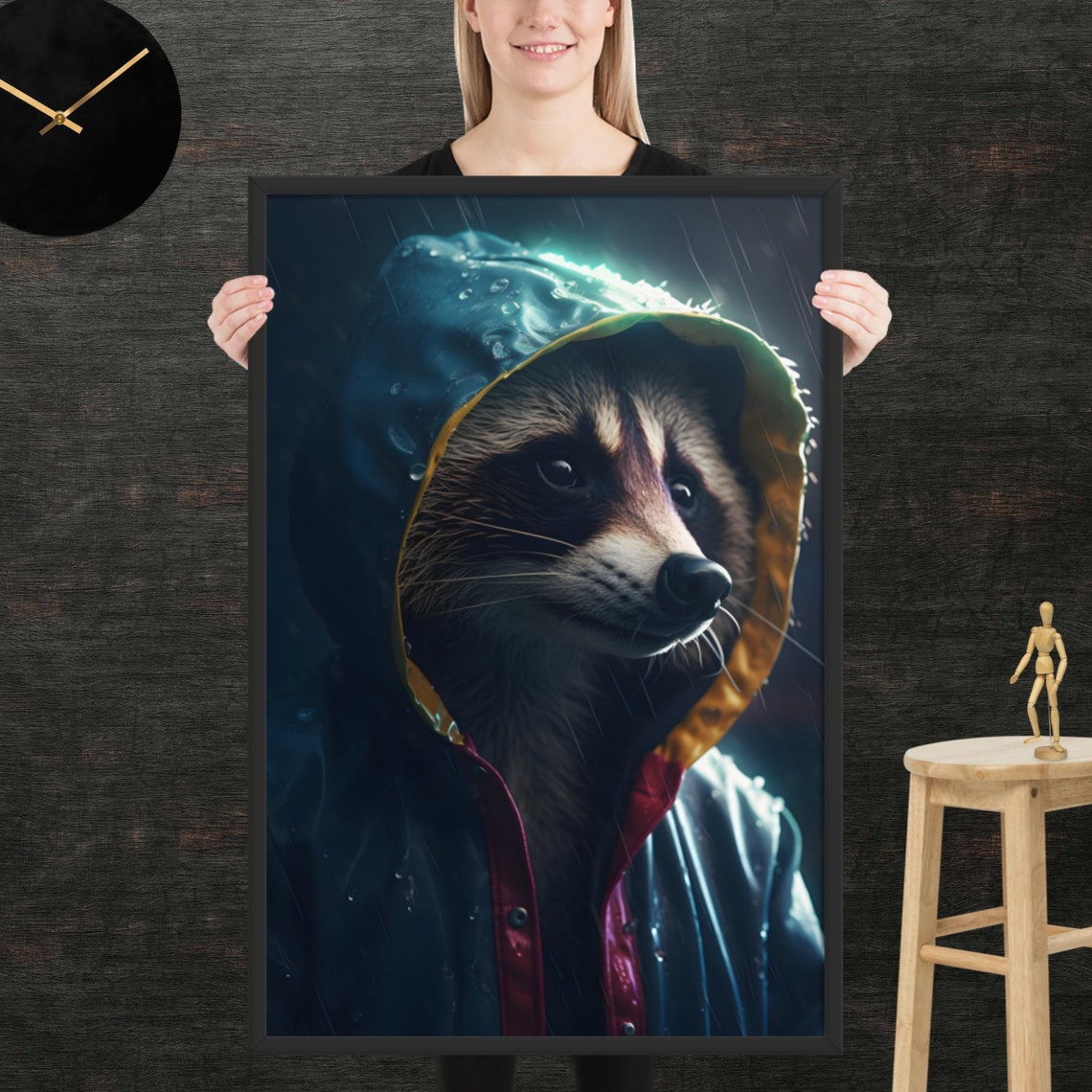 Raccoon In Raincoat Framed Poster Art Wall Cute Print Funny Animals Clothed Animal