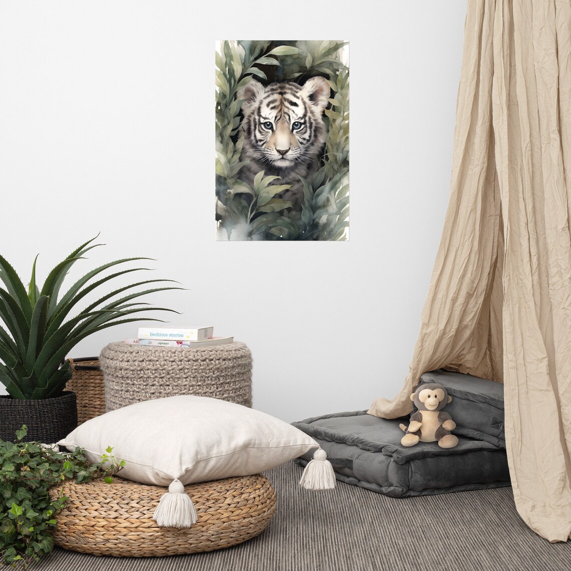 Cute Tiger Cub Peeking Through Leaves Watercolor Nursery Poster for Kids Room