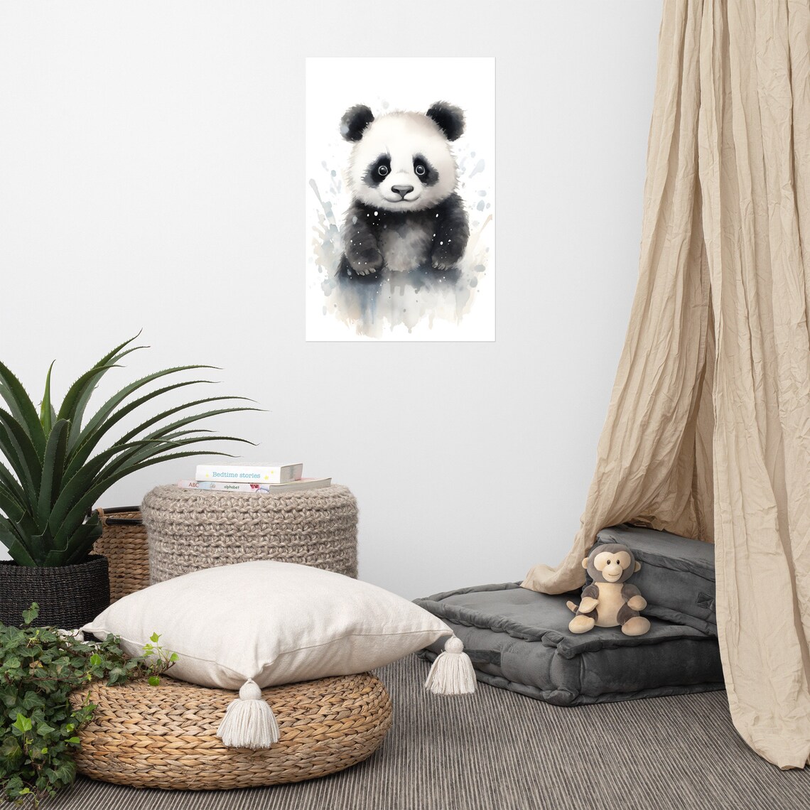 Cute Baby Panda Watercolor Nursery Portrait Poster for Kids Room Decor