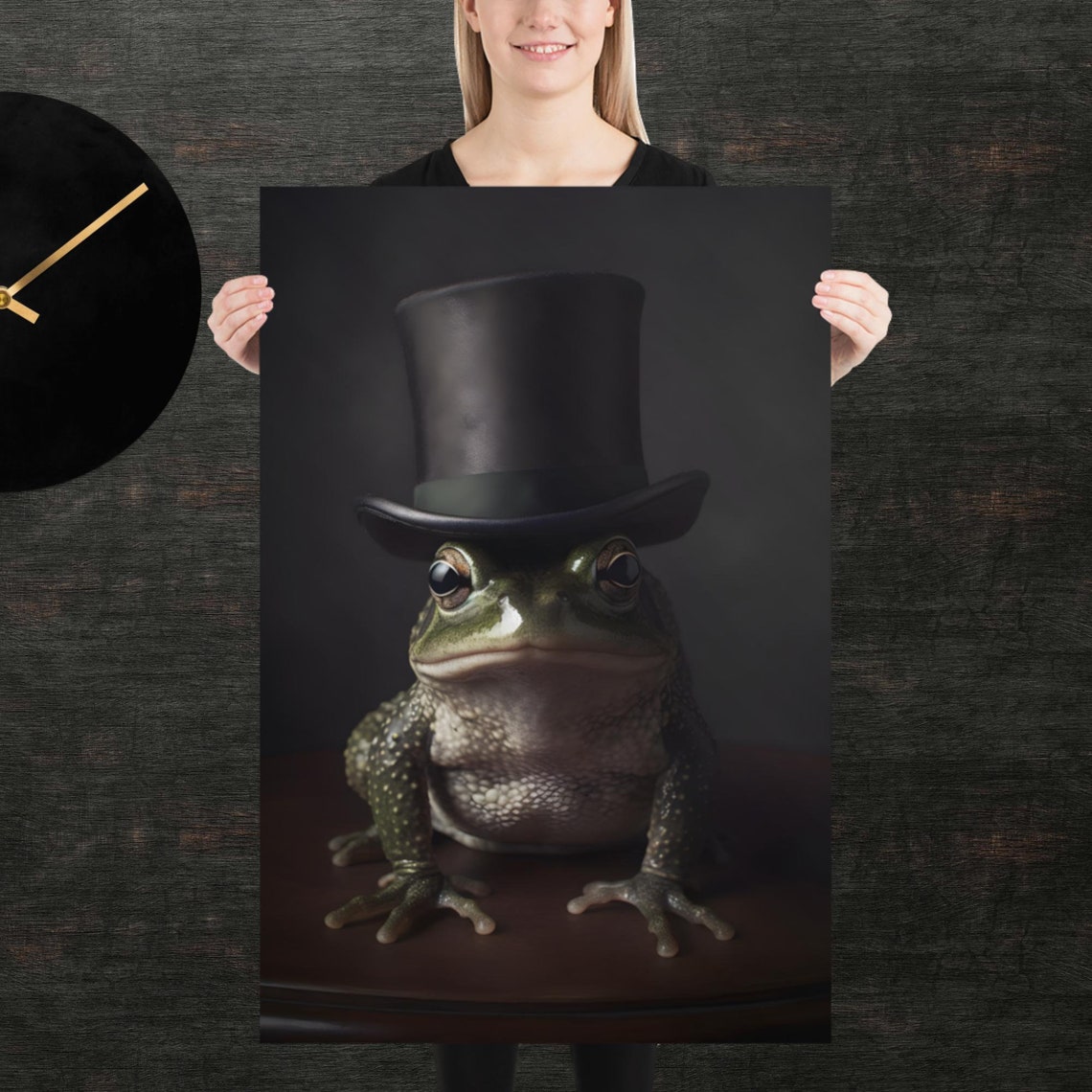 Fancy Frog Wearing Top Hat Funny Animal Portrait Dark Poster
