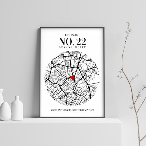 Personalised New Home Map Print Heart Location Housewarming Gift