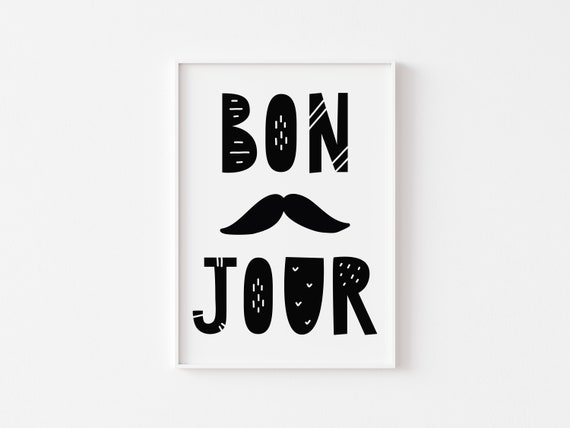 Bonjour Scandi Print Black White Minimalist Nursery Bedroom Decor Minimalist Wall Art Christmas Gift
