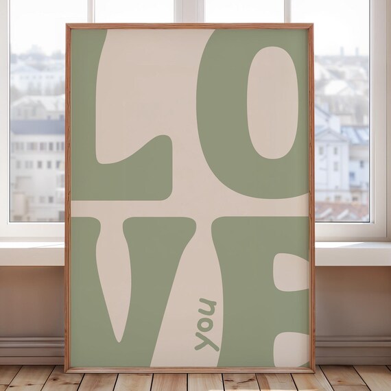 Love You Wall Art Print Bold Retro Green Poster Cool Apartment Living Room Decor Above Bedroom