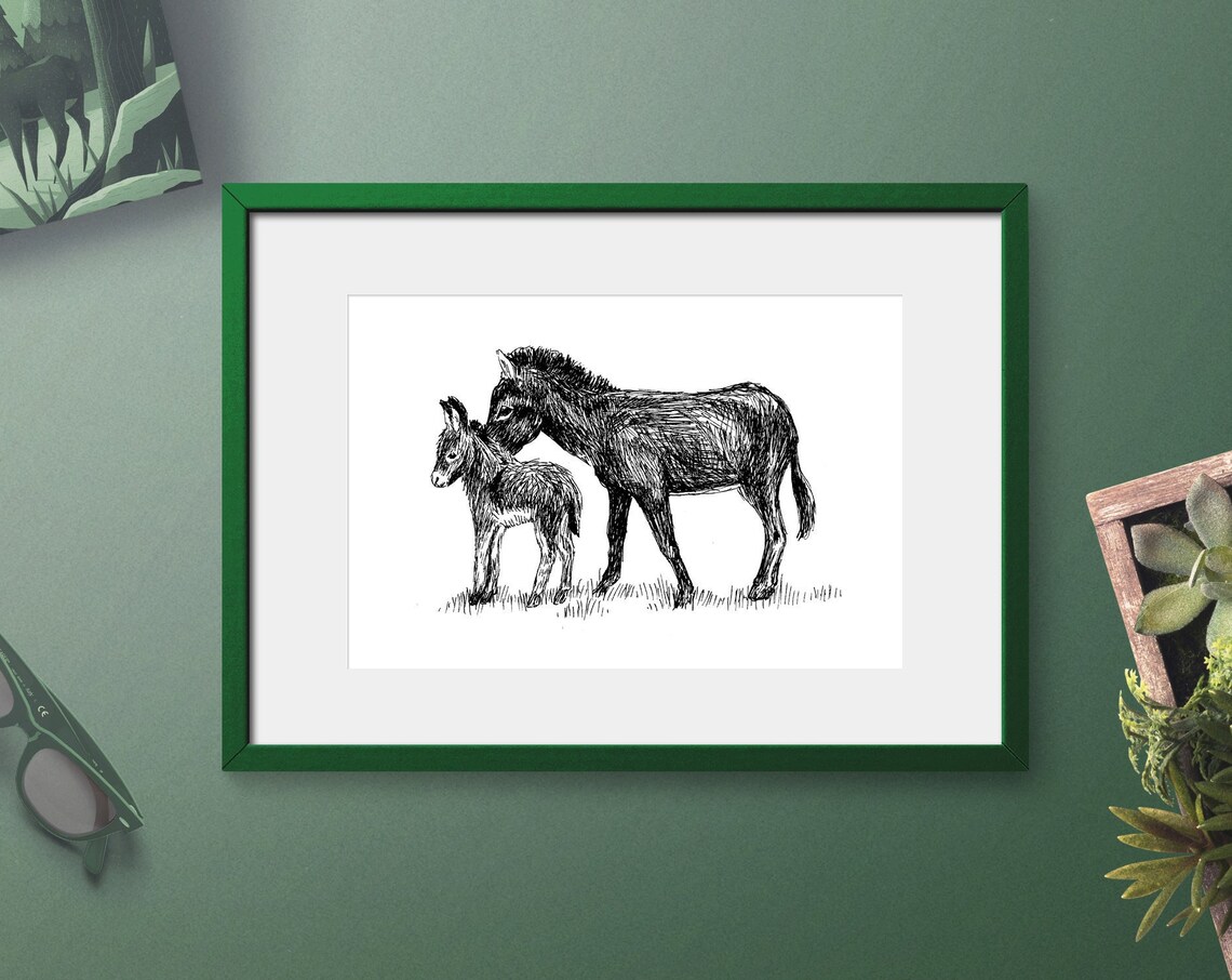 Donkey and Foal Ink Sketch Poster Sweet Mother Baby Animal Nursery Decor