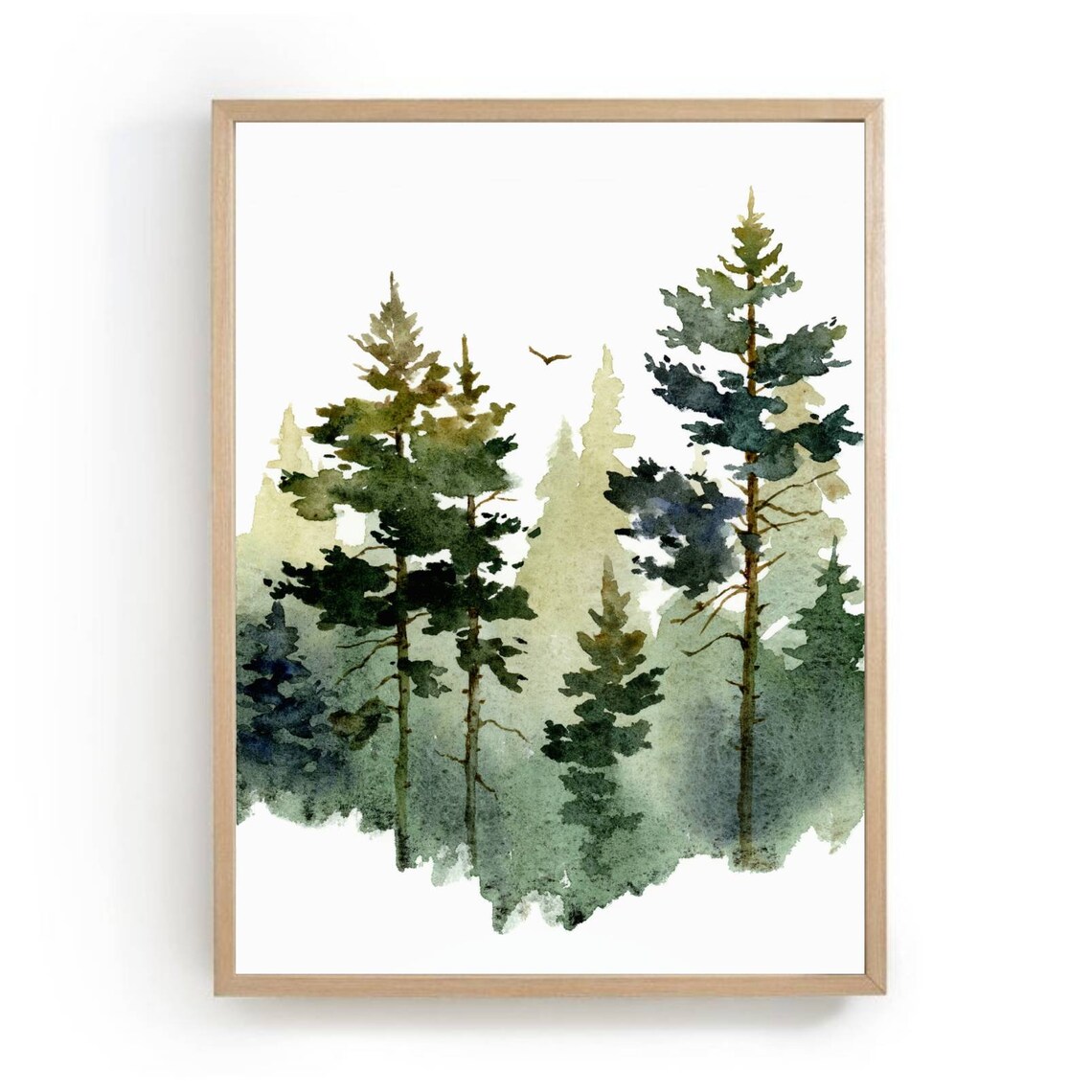 Pine Tree Watercolor Art Print, Teal Forest Landscape