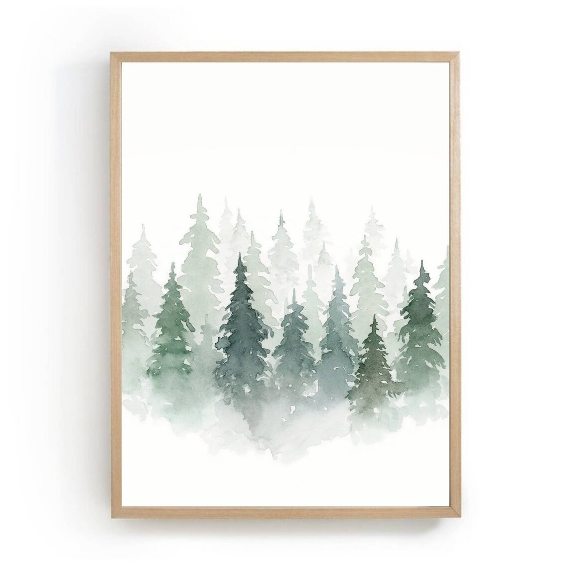 Pine Tree Watercolor Print, Foggy Winter Landscape