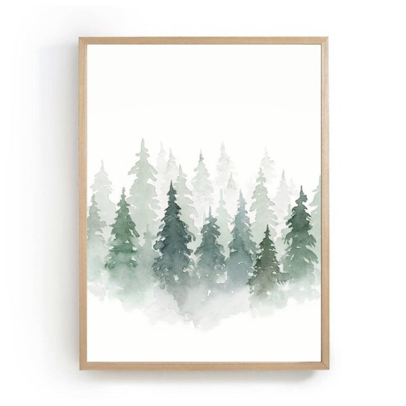 Pine Tree Watercolor Print, Foggy Winter Landscape