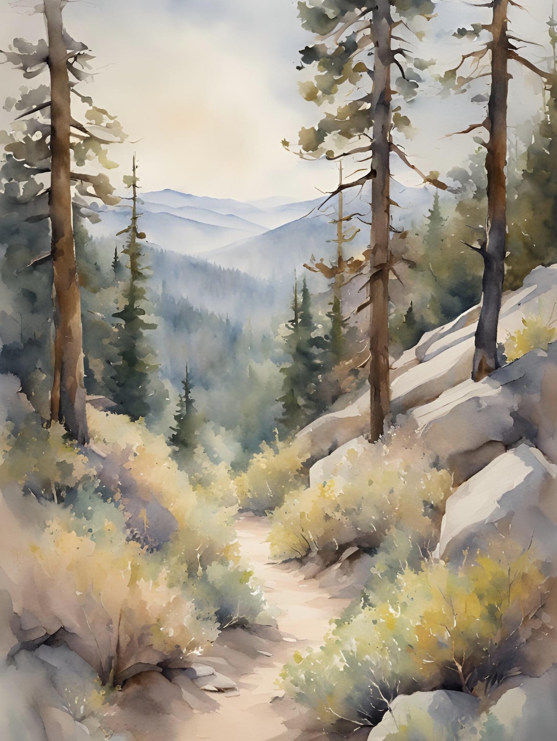 Smoky Mountains Watercolor Landscape, Appalachian Trail