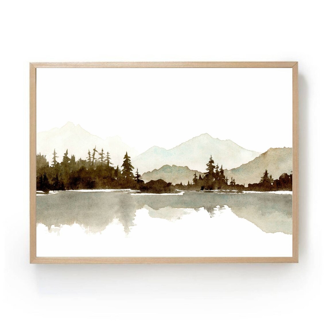Mountain Lake Pine Forest Watercolor Wall Art Print
