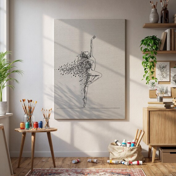 Ballet Dancer Music Notes Line Art Print Minimalist Ballerina Wall Decor Graceful Ink Outline Dance Poster Elegant Movement Drawing