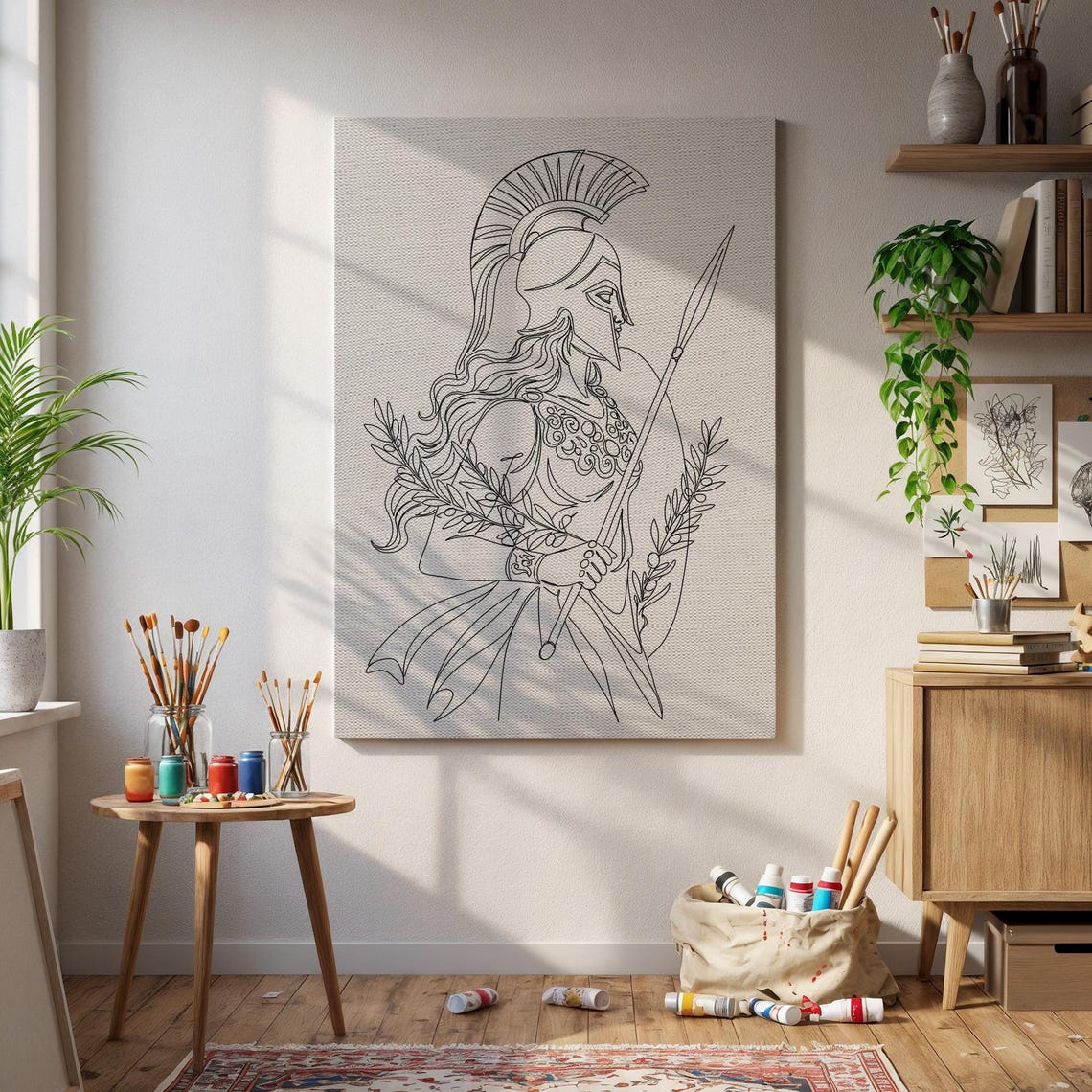 Athena Goddess Helmet Spear Laurel Minimal Line Art Mythology Wall Art