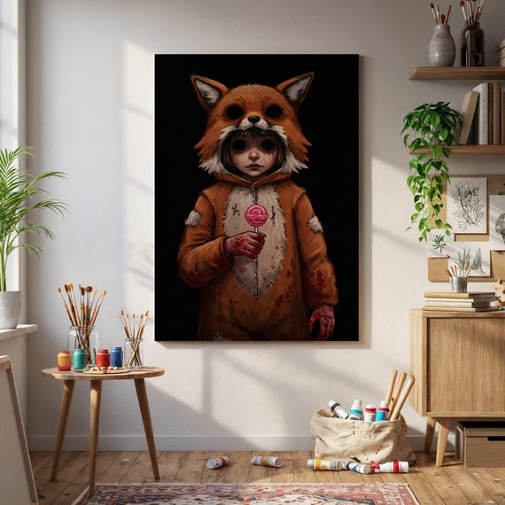 Creepy Child in Fox Costume Horror Halloween Night Art Poster