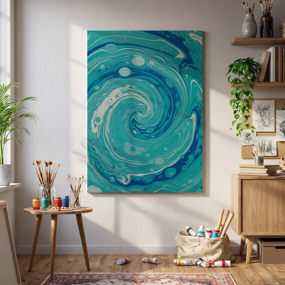 Framed Turquoise Swirl Canvas Wall Art Abstract Ocean Energy Print Vibrant Blue Motion Artwork Modern Coastal Decor For Bold Interiors