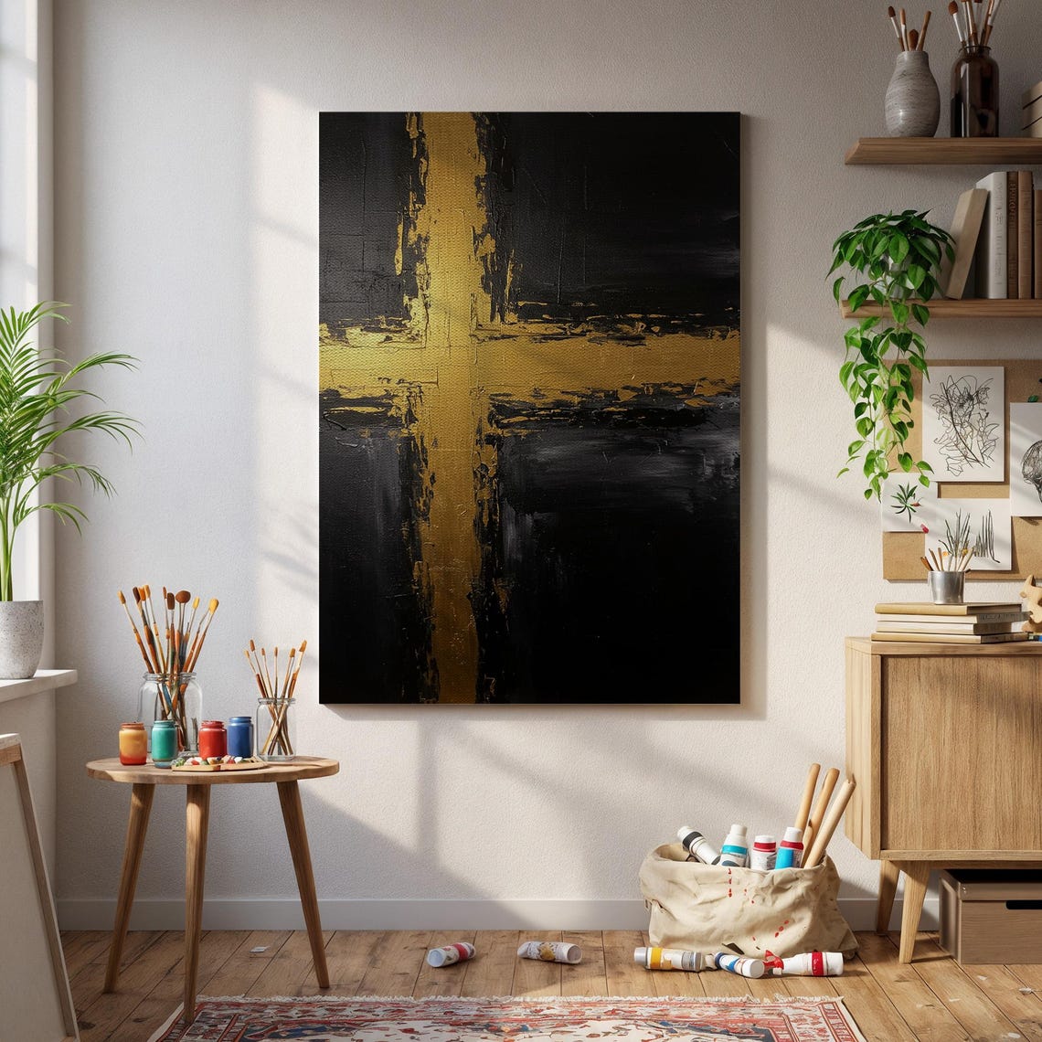 Abstract Black And Gold Cross Texture Modern Luxury Canvas Poster