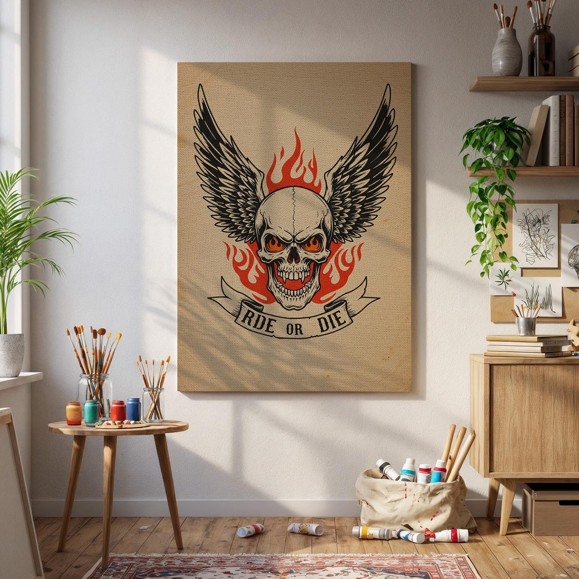 Flaming Winged Skull Ride Or Die Banner Tattoo Style Art Poster