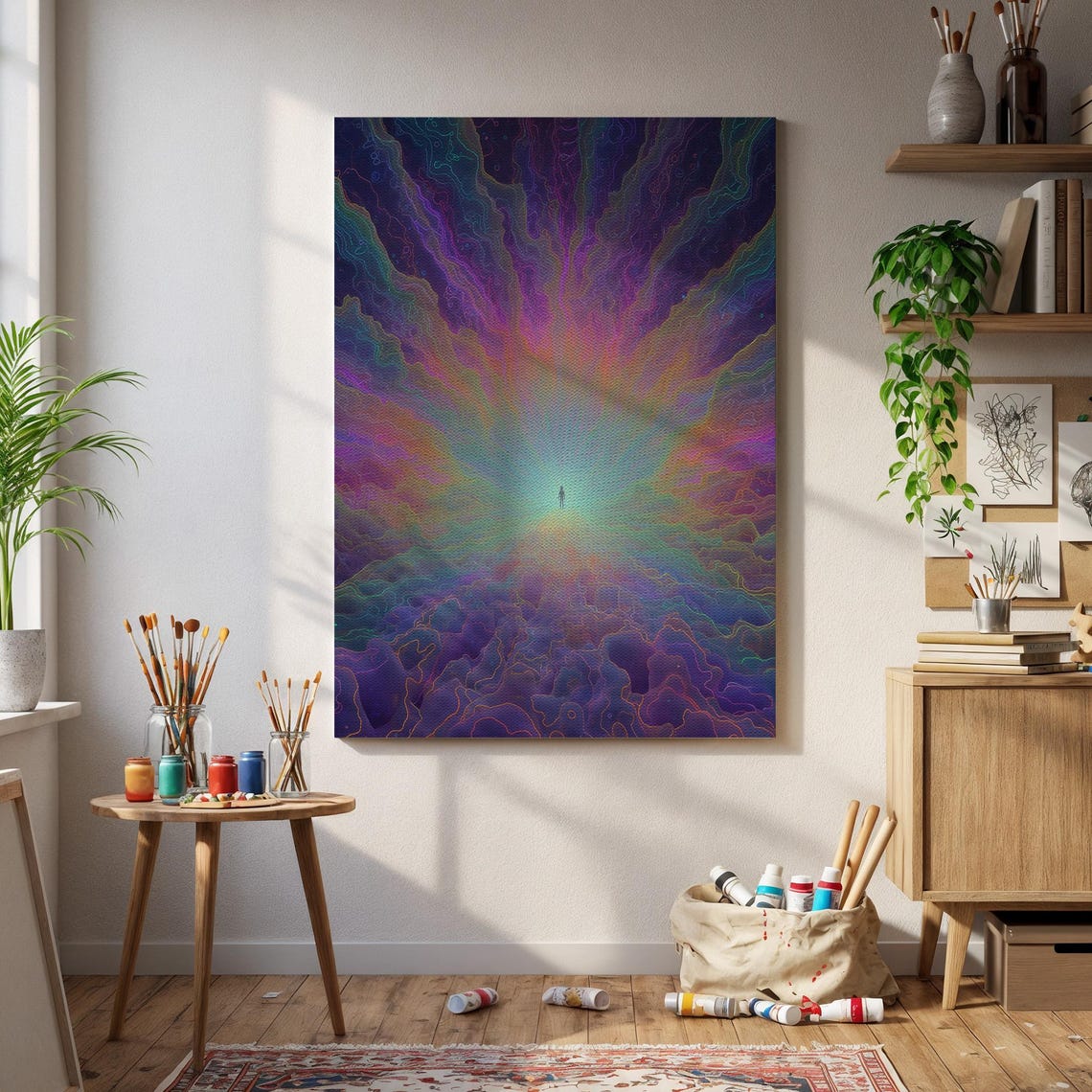 Psychedelic Cosmic Vortex Rainbow Energy Walking Figure Art Poster