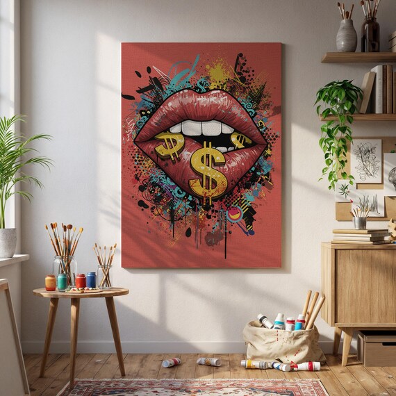Graffiti Lips Canvas Art Pop Mouth With Dollar Signs Bold Street Style Wall Print Urban Splash Color Decor Poster Home