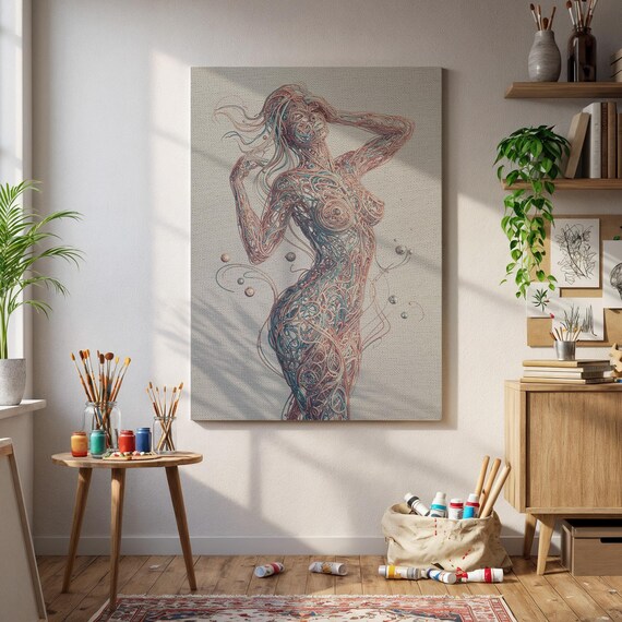 Framed Abstract Woman Wall Art Colorful Cosmic Female Figure Poster Surreal Line Canvas Sensual Gift For Lover Or Bedroom