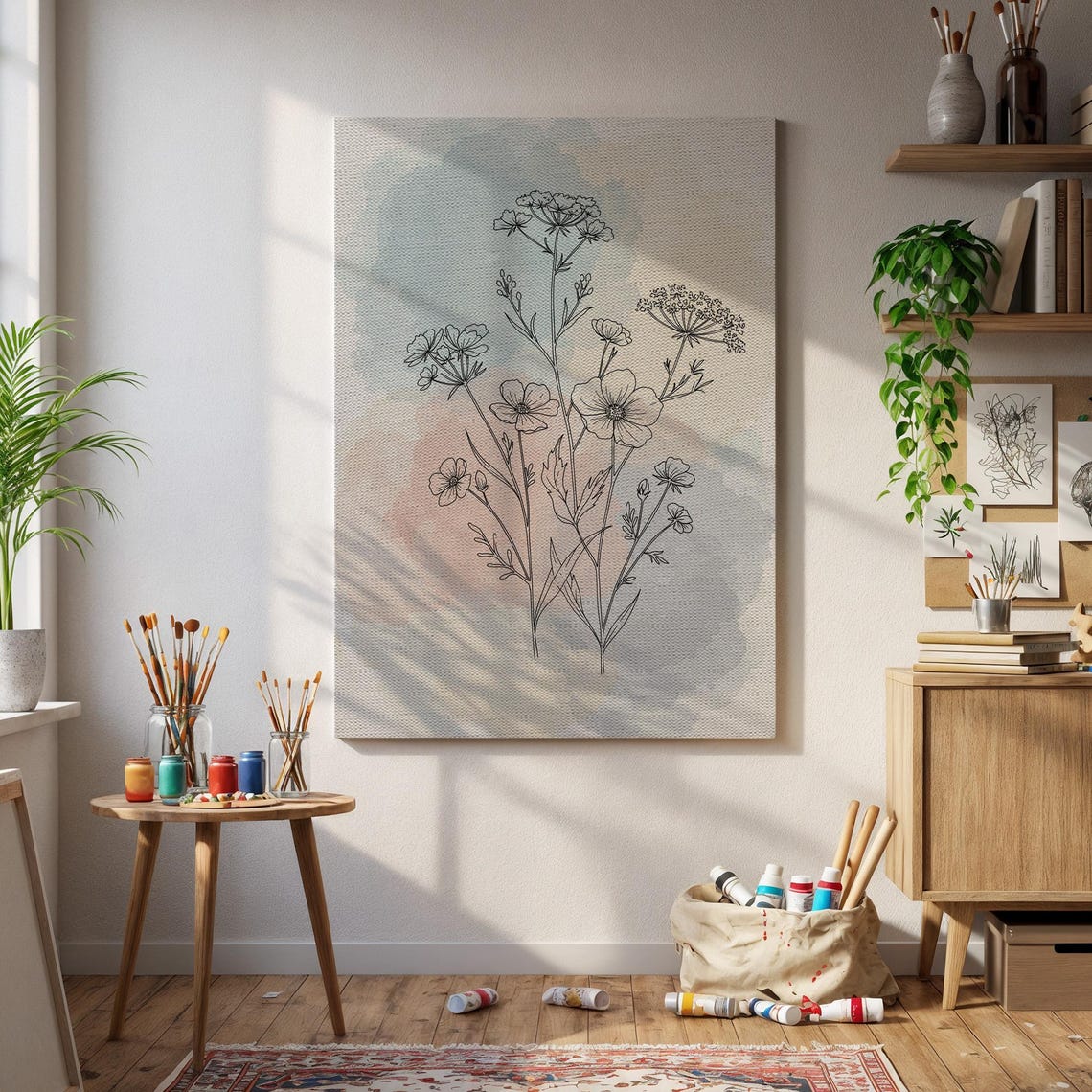 Minimal Line Art Botanical Flower Pastel Watercolor Soft Poster