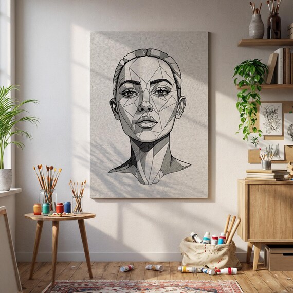 Framed Geometric Woman Portrait Line Art Minimal Black And White Face Poster Modern Abstract Wall Decor Gift For Design Lovers
