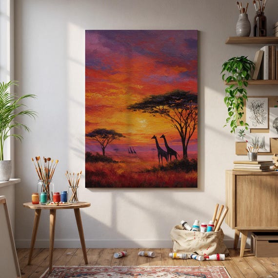 African Sunset Giraffes Canvas Vibrant Safari Wall Art With Acacia Treeswarm Golden Sky And Wildlife Silhouettes For Natural Decor Home