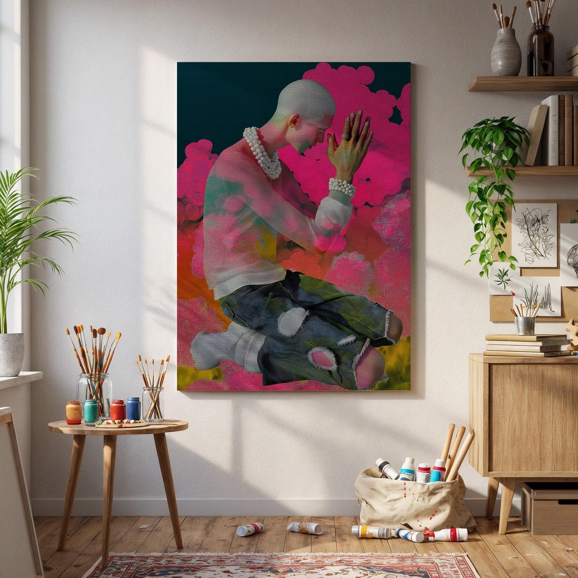 Praying Figure Pink Clouds Bold Color Modern Prayer Art Poster