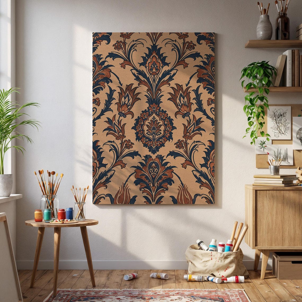 Vintage Damask Baroque Floral Pattern Beige Navy Elegant Poster