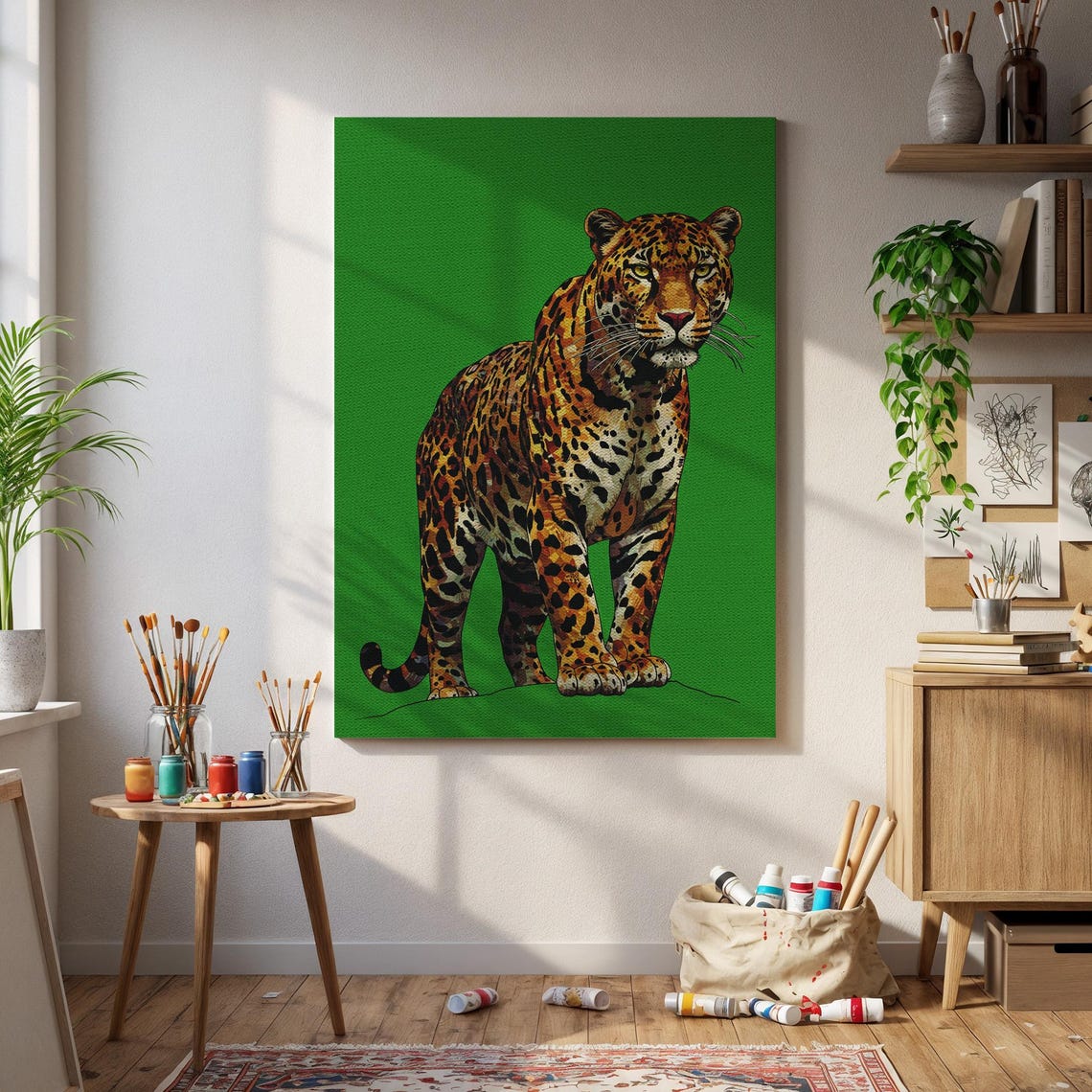 Bold Leopard Standing On Green Background Wildlife Safari Art Poster