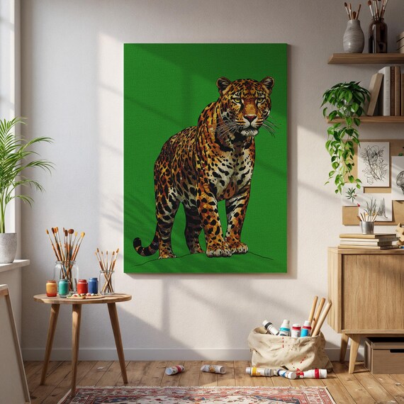 Bold Leopard Standing On Green Background Wildlife Safari Art Poster