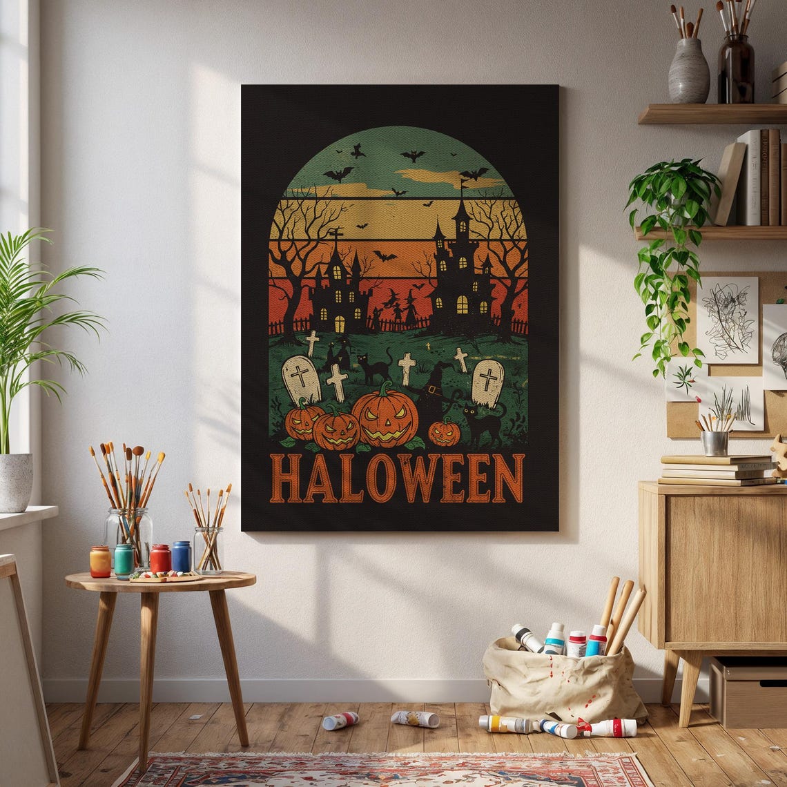 Retro Halloween Haunted Castle Pumpkins Spooky Night Decor Poster