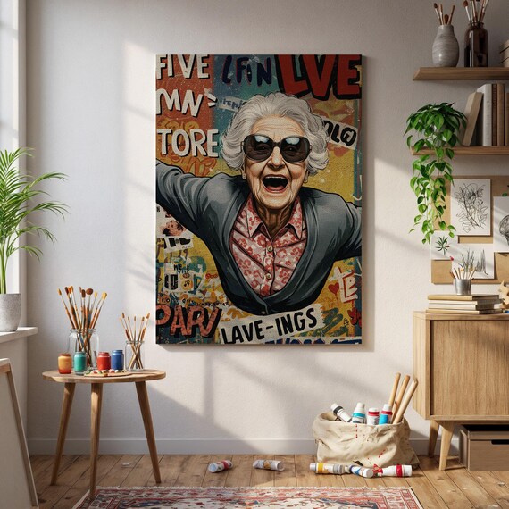 Funny Grandma Pop Art Poster Cool Old Lady With Sunglasses Colorful Urban Graffiti Print Bold Retro Wall Decor For Home