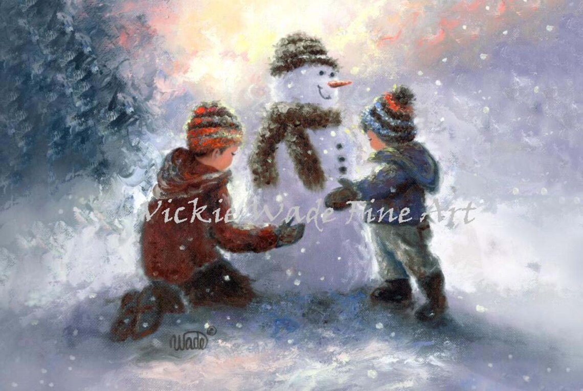 Two Boys Building a Snowman in a Snowy Forest at Dusk Poster