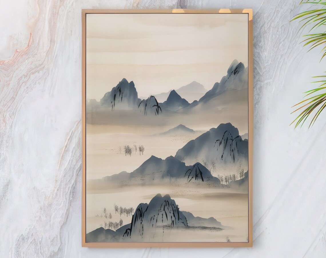 Japanese Misty Mountains Beige Watercolor Serene Landscape Poster - Image 3