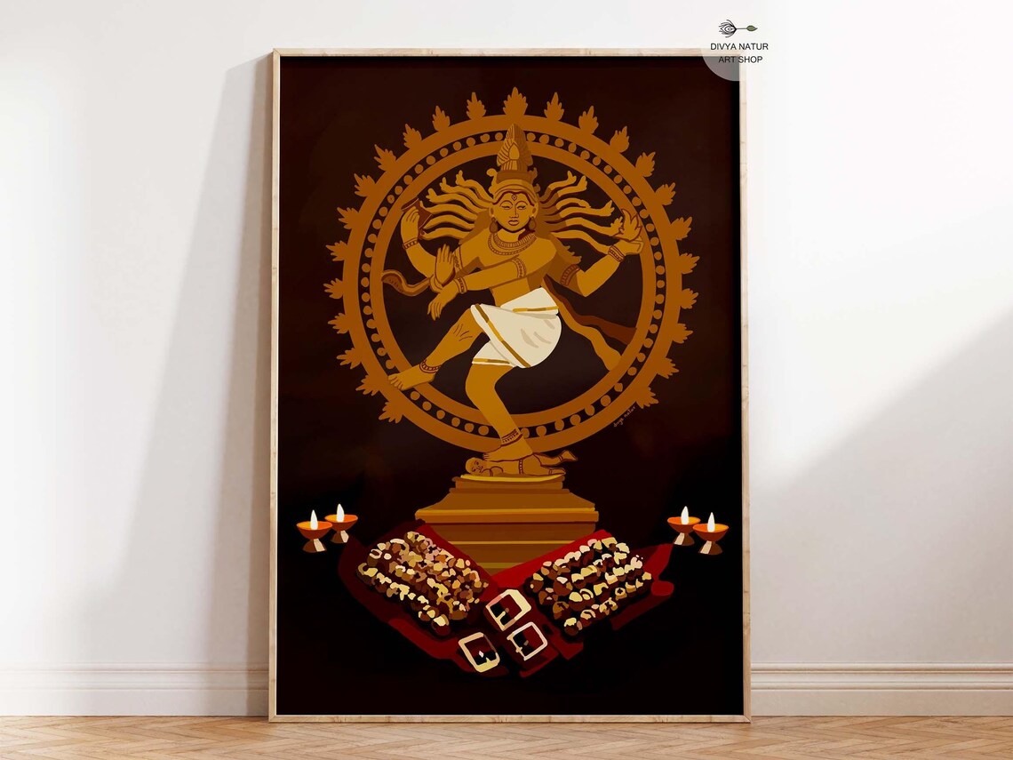 Golden Nataraja Dancing Shiva with Oil Lamps Sacred Art Print