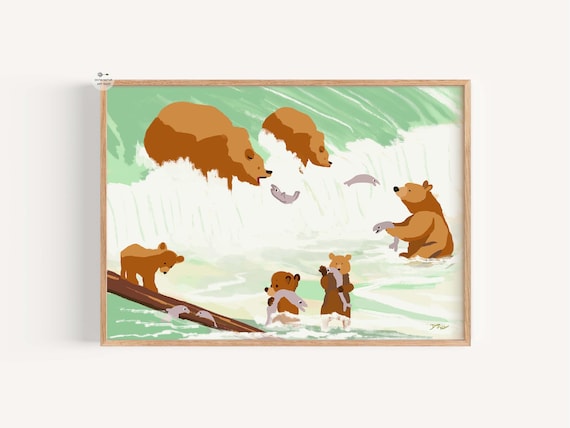 Bear Family Catching Fish Waterfall Nursery Animal Art Print