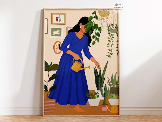 Plant Lover Art Woman Watering Plants Bohemian Home Decor Modern Minimalist Illustration
