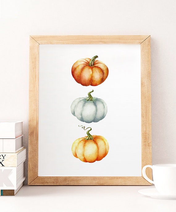 3 Pumpkins Wall Art Rustic Print Fall Home Watercolor Season Autumn Halloween Decor Gift