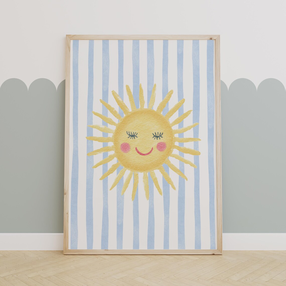 Cheerful Smiling Sun Nursery Poster on Blue Stripes for Kids Room Decor