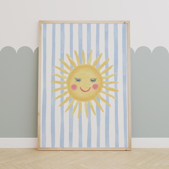 Cheerful Smiling Sun Nursery Poster on Blue Stripes for Kids Room Decor