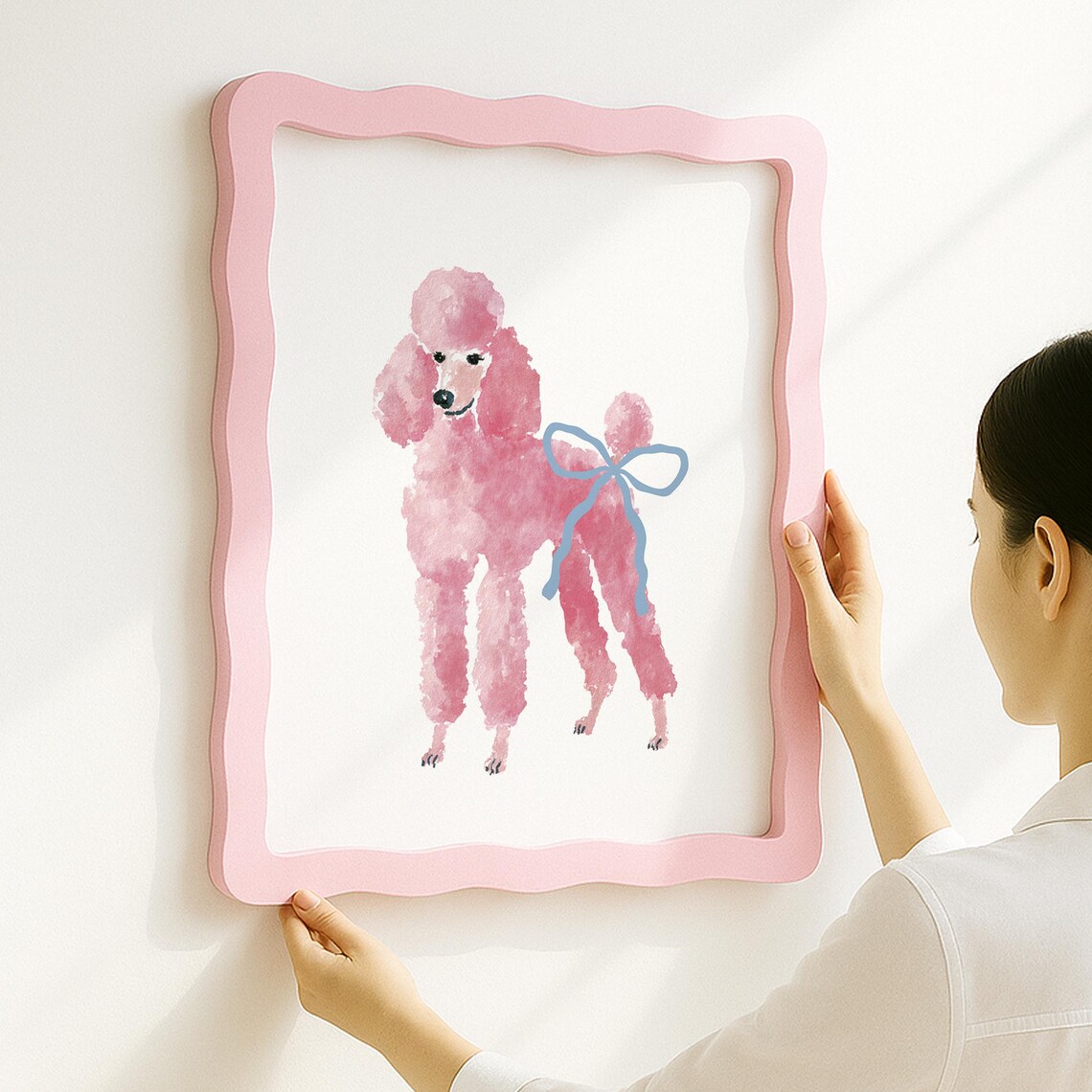Pink Watercolor Poodle With Blue Bow Coquette Girl Dog Wall Art