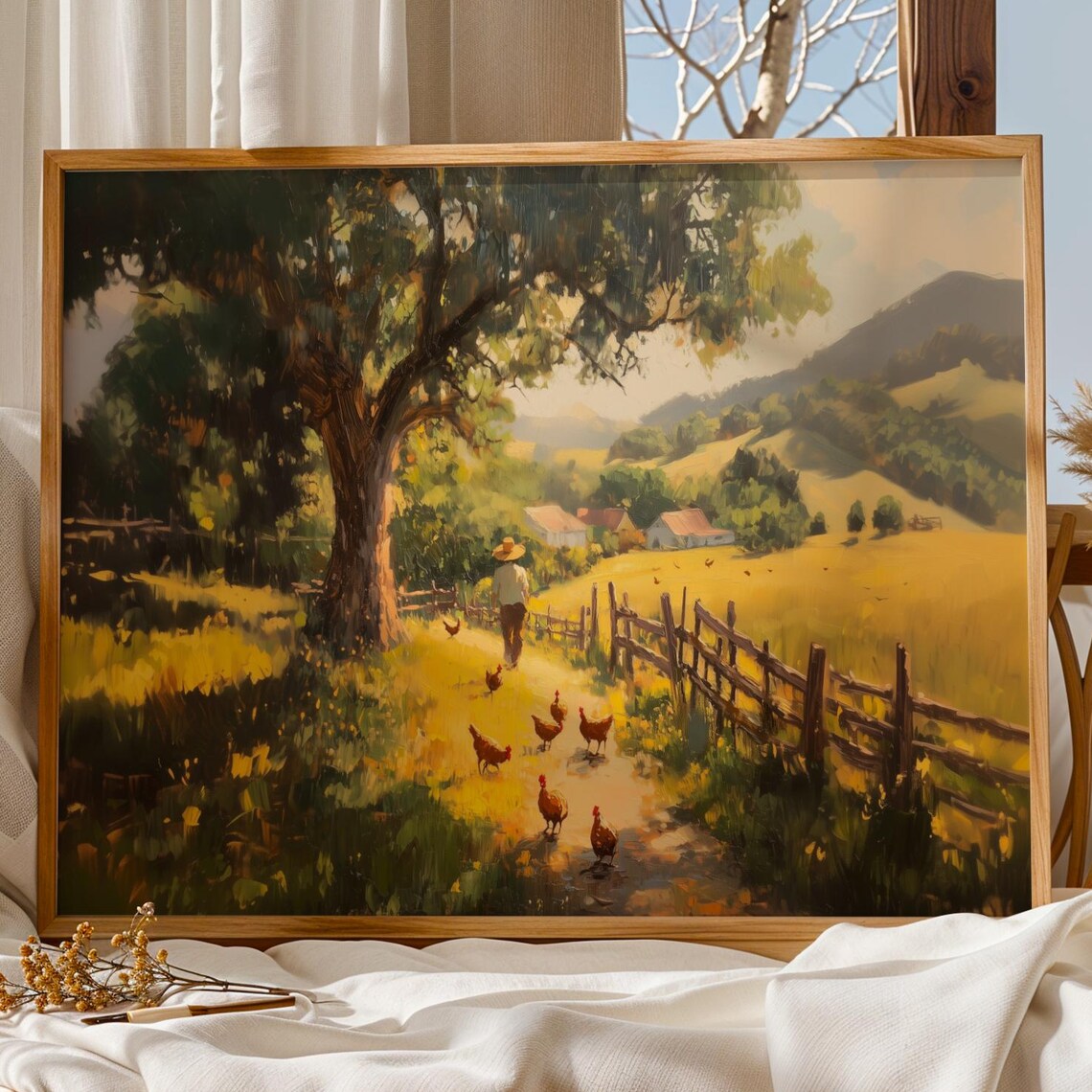 Rustic Farm Landscape With Chickens Country Path Oil Painting Poster Art