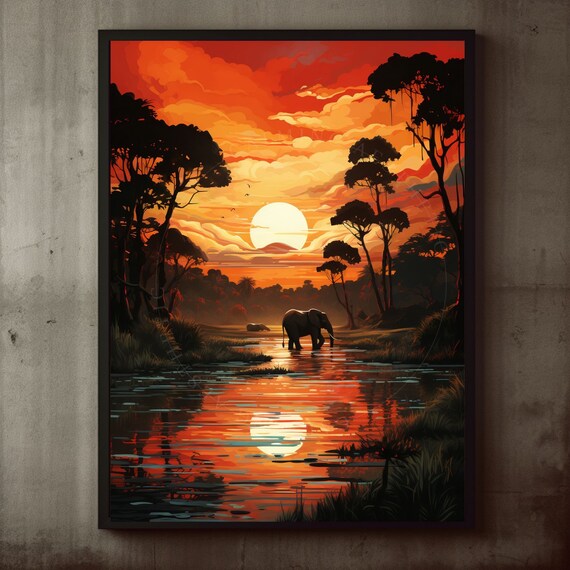 Safari Sunset Elephant Wall Art Print Nostalgic Nature Decor Africa Savanna Landscape Jungle Animal Maximalist