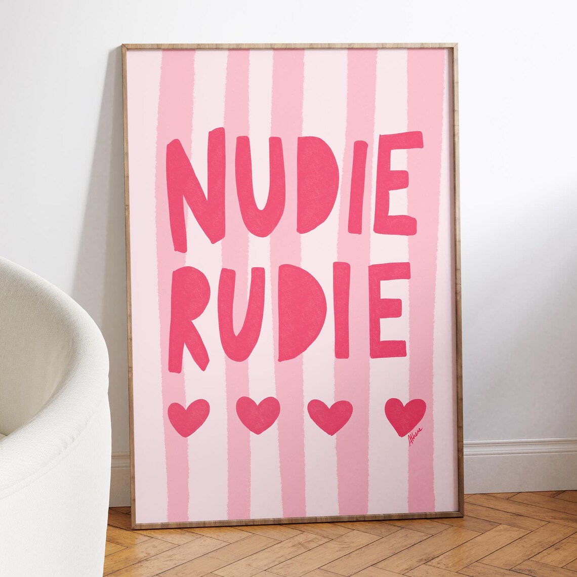 Nudie Rudie Pink Bathroom Quote Fun Hand Lettered Art Poster