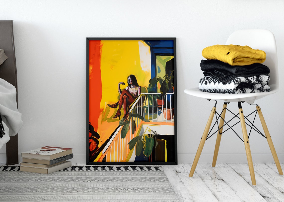 Expressionist Woman on Balcony Bold Yellow Modern Figure Art Print - Image 2