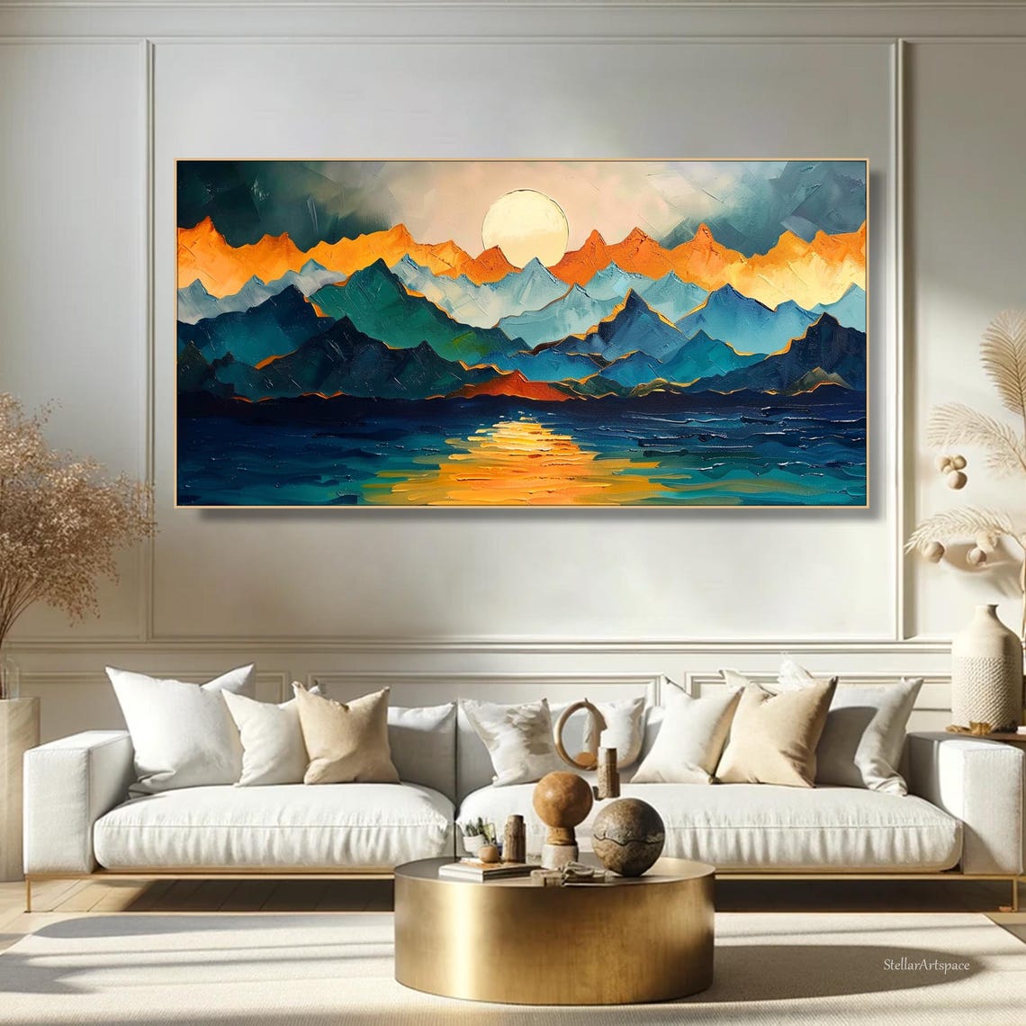 Layered Mountain Sunset Reflection Textured Abstract Landscape Poster - Image 3