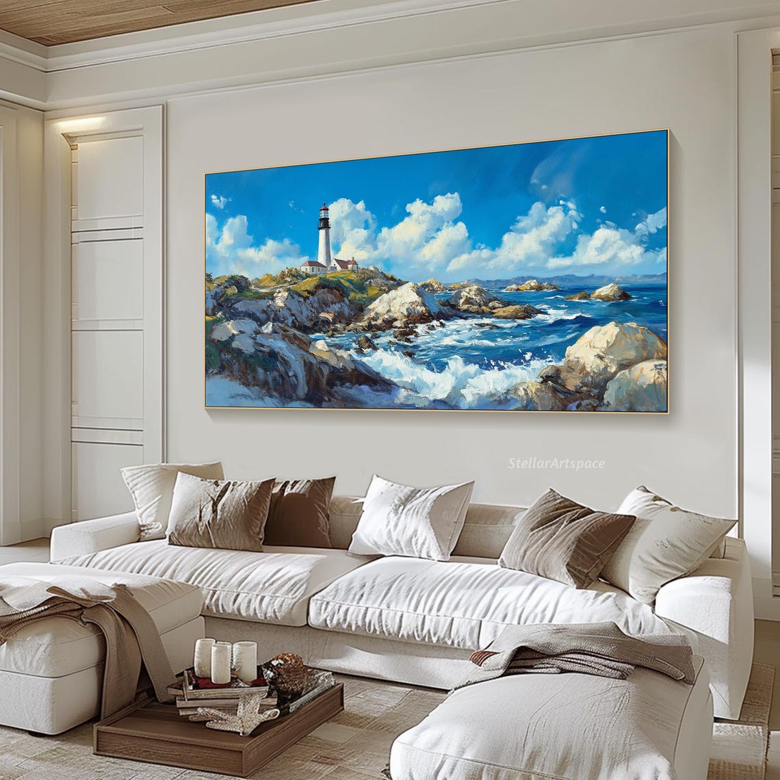 Coastal Lighthouse Rocky Cliffs Blue Ocean Waves Painting Poster - Image 5