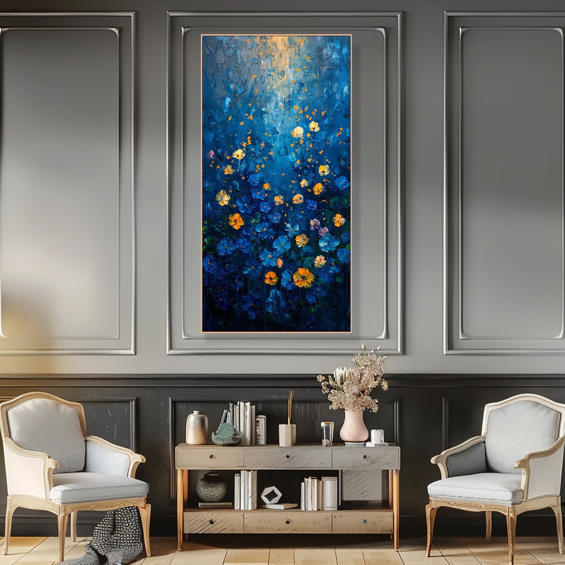 Midnight Garden Blue Flowers Gold Sparkles Vertical Floral Art Poster - Image 4