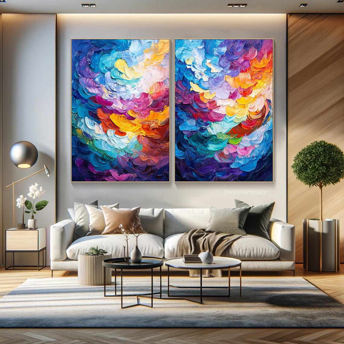 Colorful Abstract Swirl Diptych Impasto Rainbow Texture Wall Art - Image 2