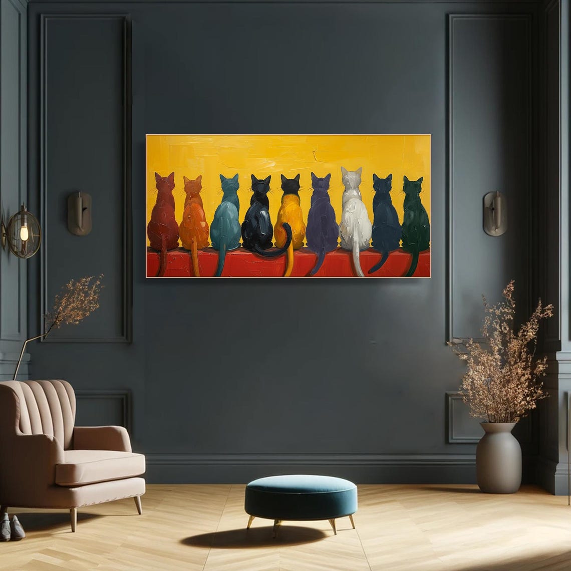 Nine Cats Sitting Row Bold Yellow Whimsical Colorful Cat Oil Poster - Image 4